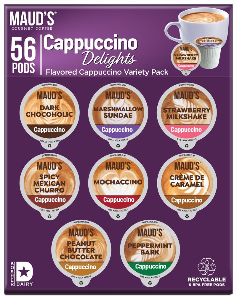 Maud's Cappuccino Coffee Pods Variety Pack, 56 ct, 8 Assorted Flavors, Recyclable Single Serve Pods – Compatible with Keurig K Cups Maker - Image 1
